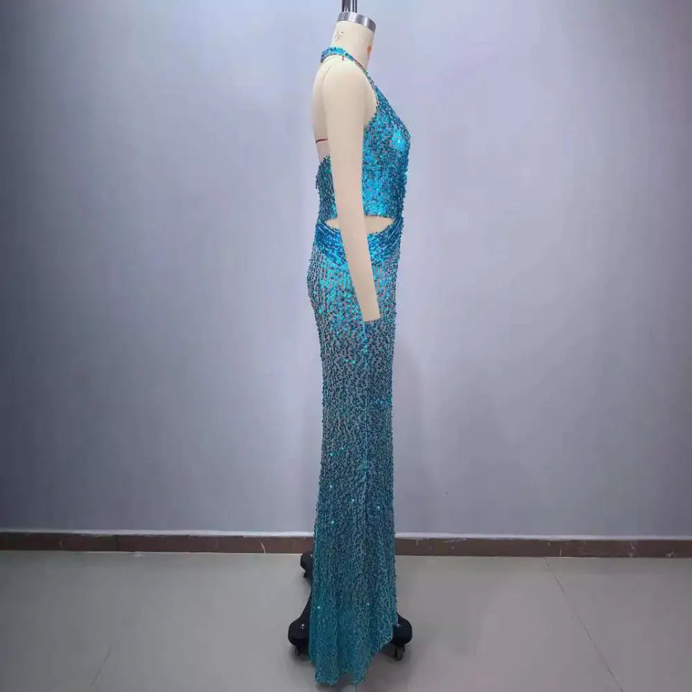 Blue Sequined Slimming Party Stage Host Mermaid Gown Royalessencelux