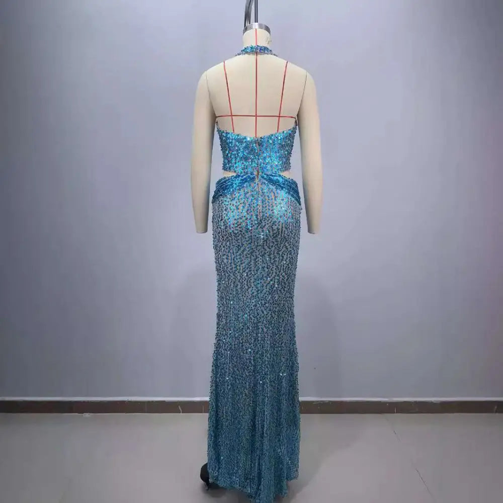 Blue Sequined Slimming Party Stage Host Mermaid Gown Royalessencelux