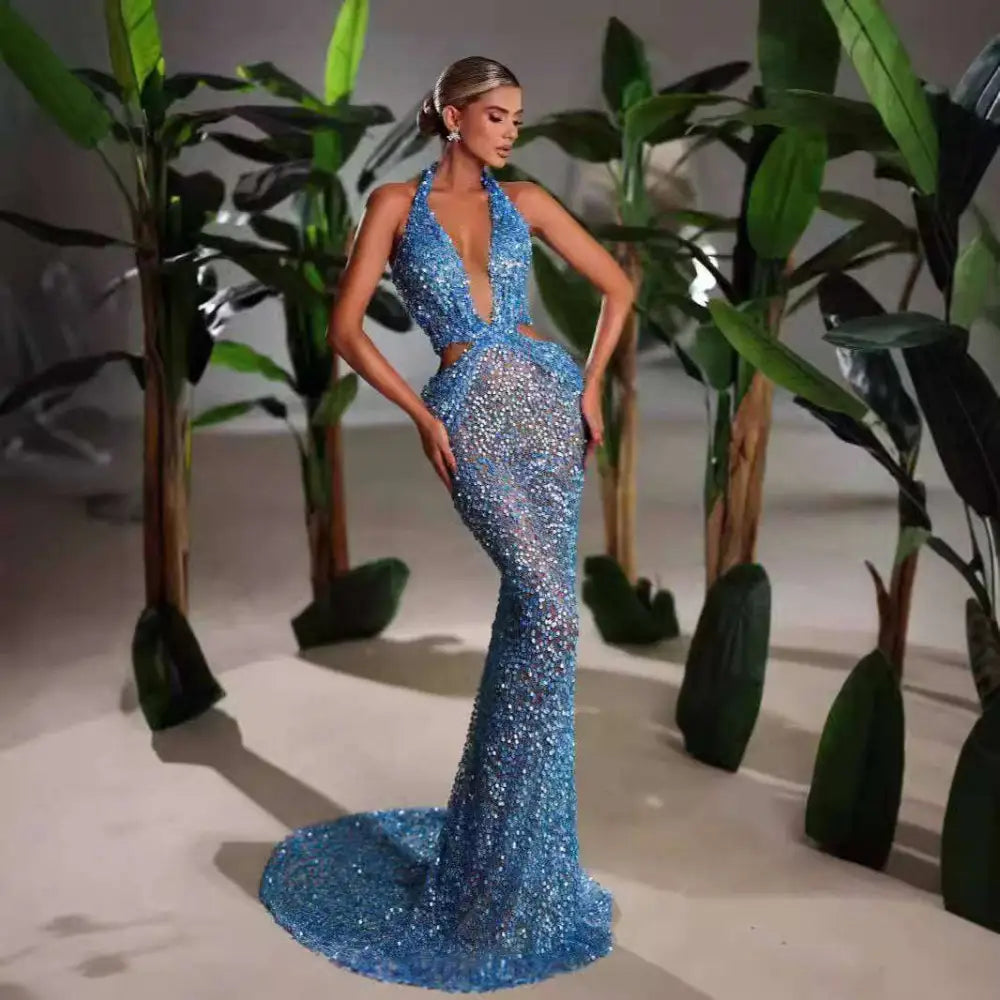 Blue Sequined Slimming Party Stage Host Mermaid Gown Royalessencelux
