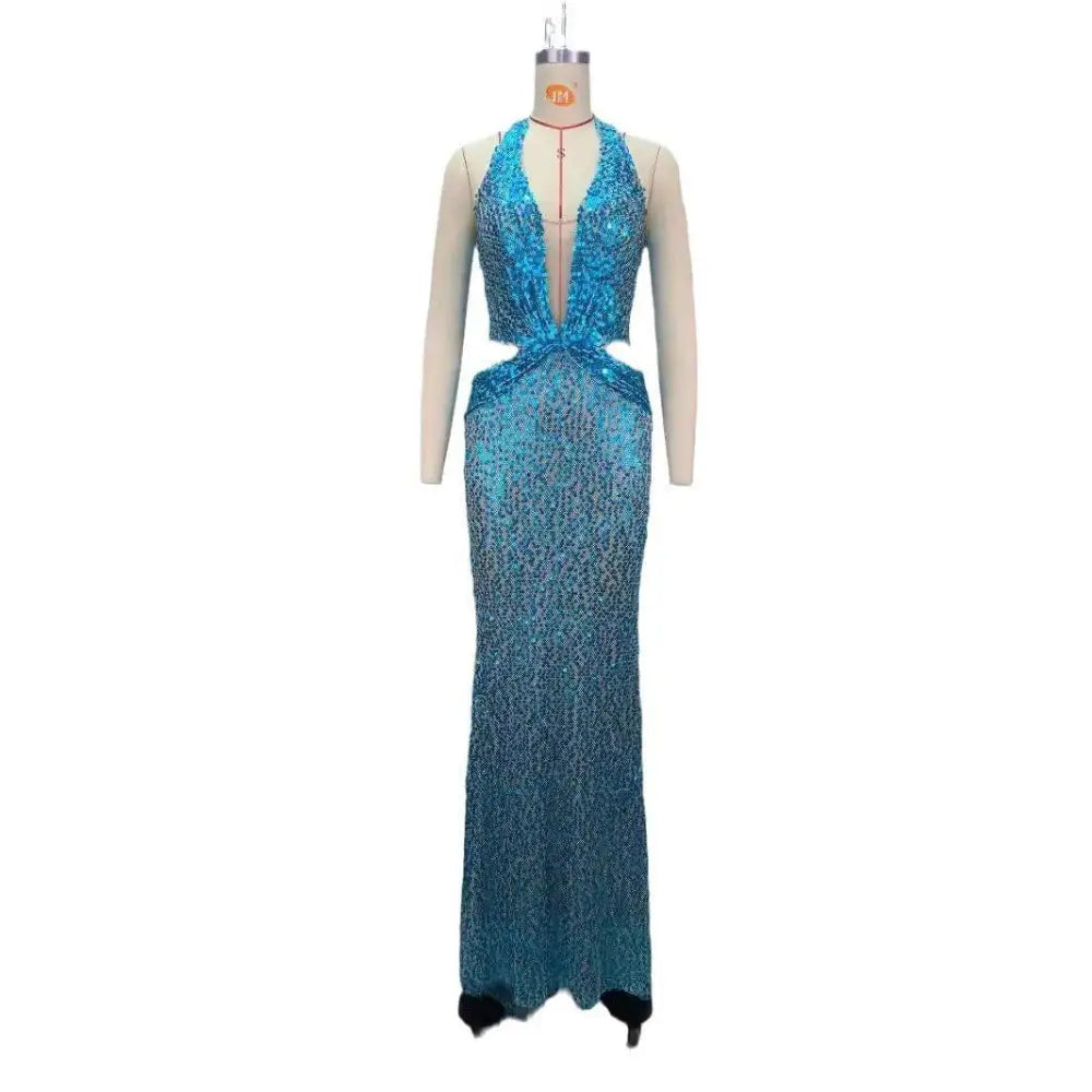 Blue Sequined Slimming Party Stage Host Mermaid Gown Royalessencelux