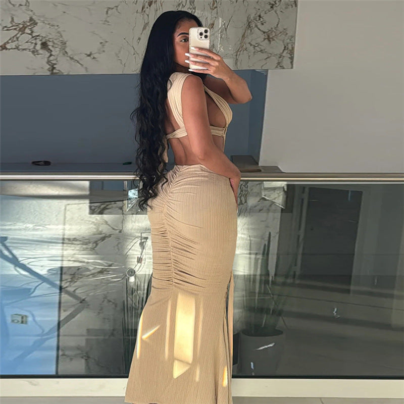 Hollow-Out Lace-Up High Waist Sheath Dress