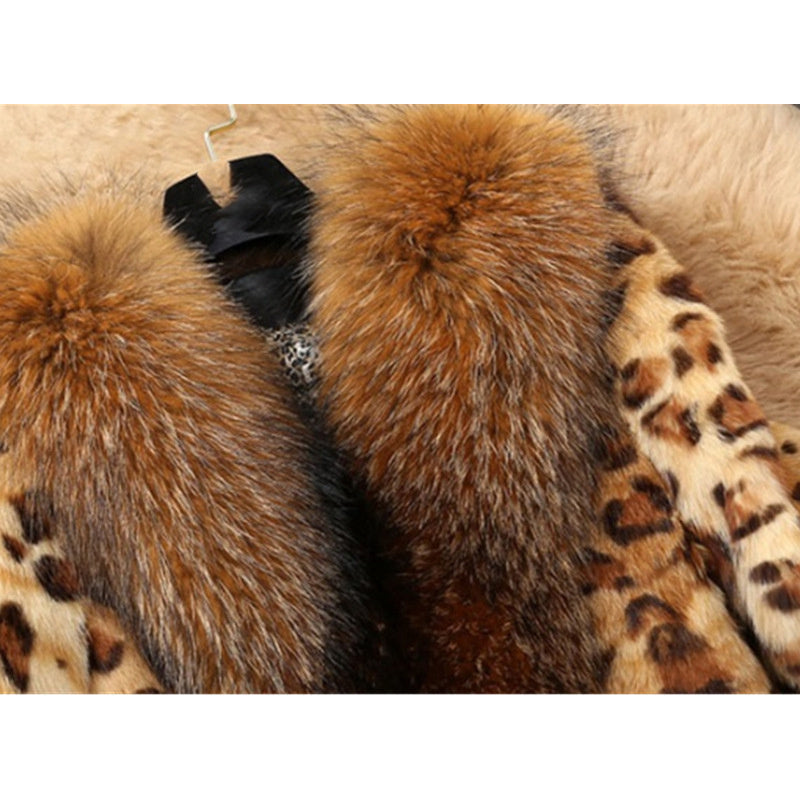 Leopard-Print Faux Fur Collar Mid-Length Coat