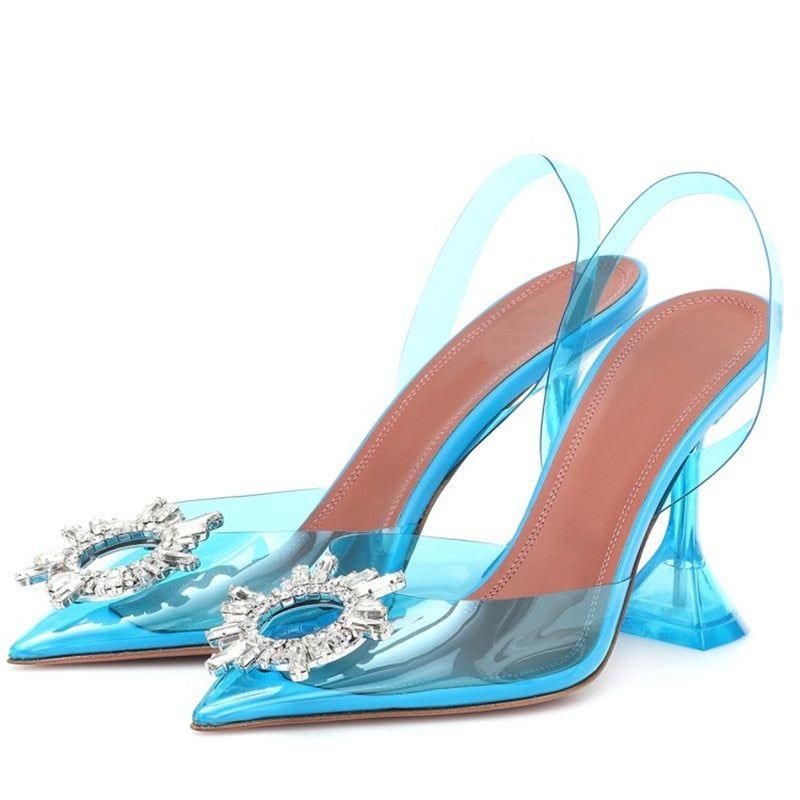 Color Cinderella Pointed Toe Light Blue Crystal Brooch Heels