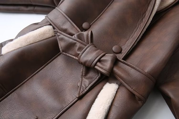 PU Leather Fur-Collar Belted Coat
