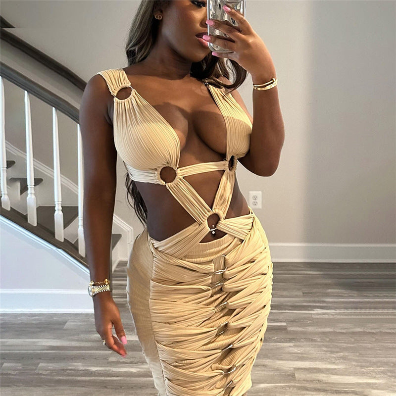 Hollow-Out Lace-Up High Waist Sheath Dress