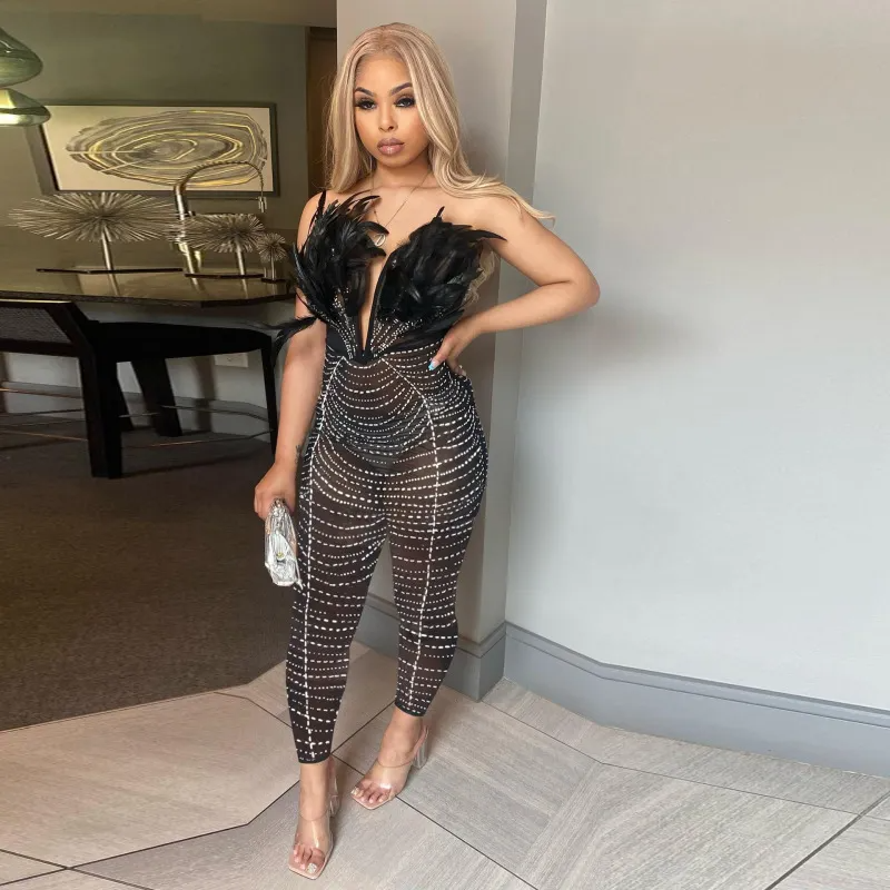 Rhinestone Deep V Jumpsuit