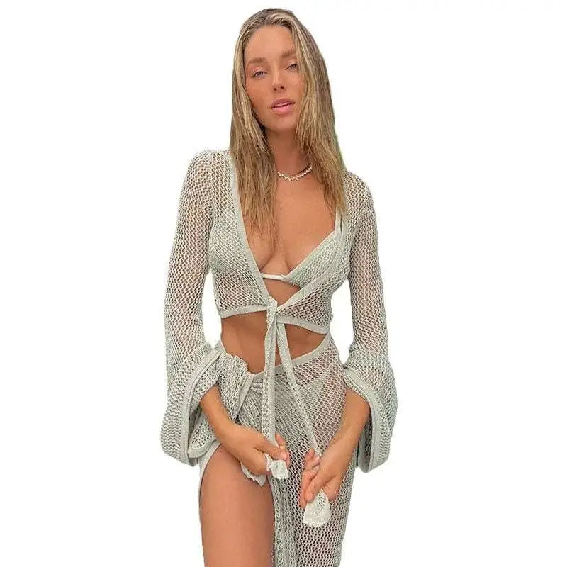 Light Green Long Sleeve Tied Two Piece Mesh Set Royalessencelux