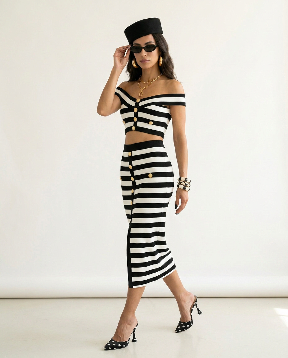 Confident Striped Button Two-Piece Set Boho Brown