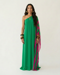 Vibrant Color Block One Shoulder Maxi Dress Boho Brown