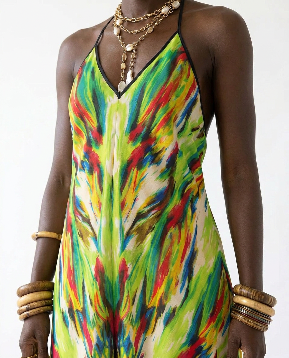 Vibrant Printed Halter Maxi Dress Boho Brown