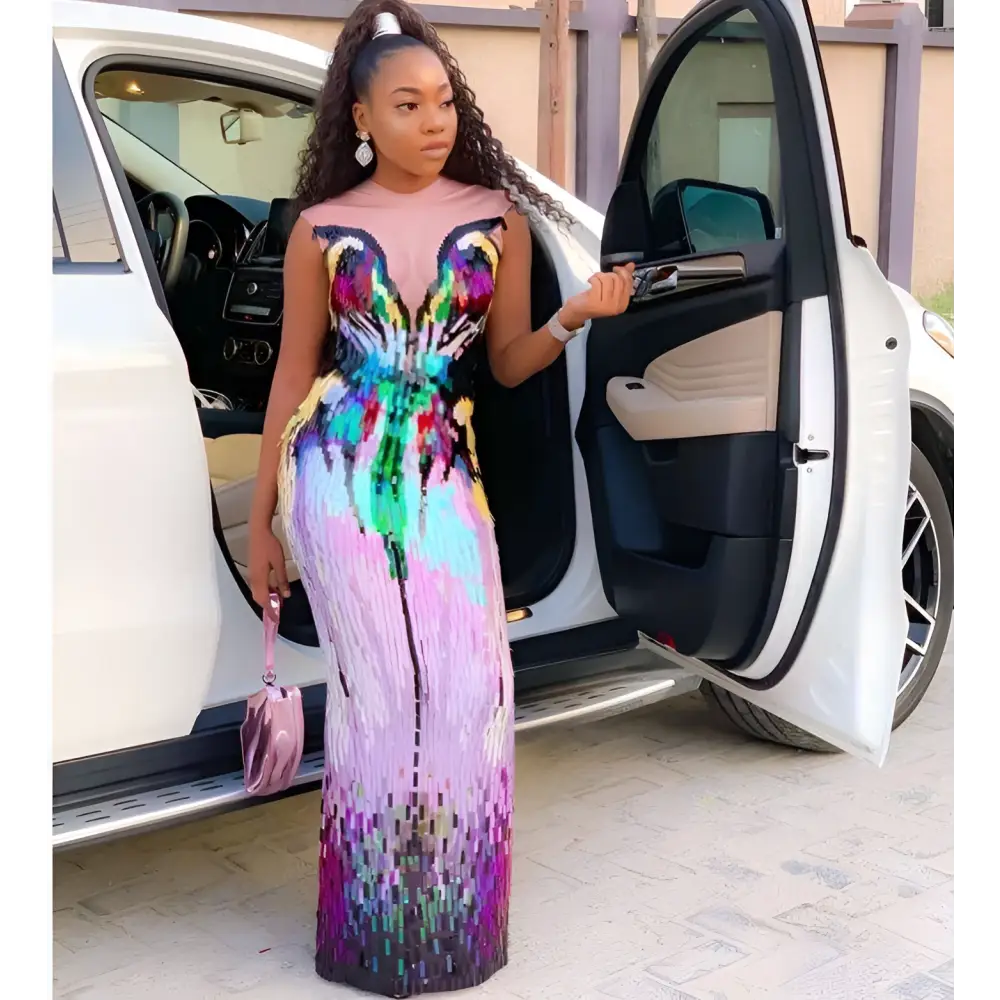 Rainbow Gradient Sequin Evening Dress Female Singer Costume Royalessencelux