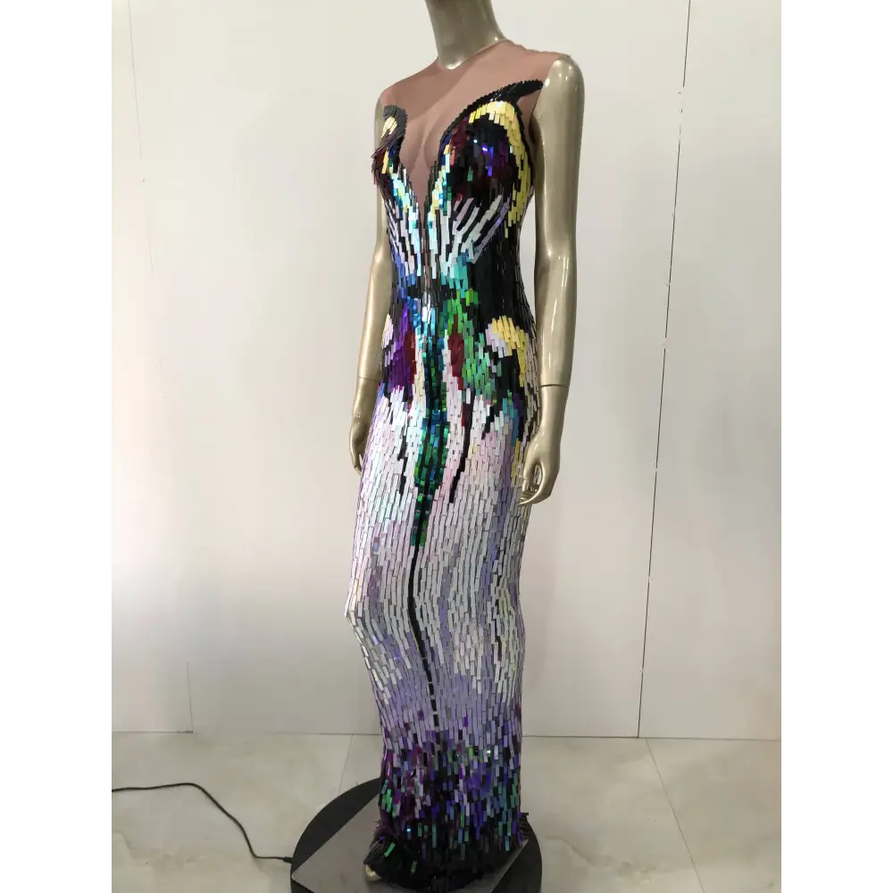 Rainbow Gradient Sequin Evening Dress Female Singer Costume Royalessencelux