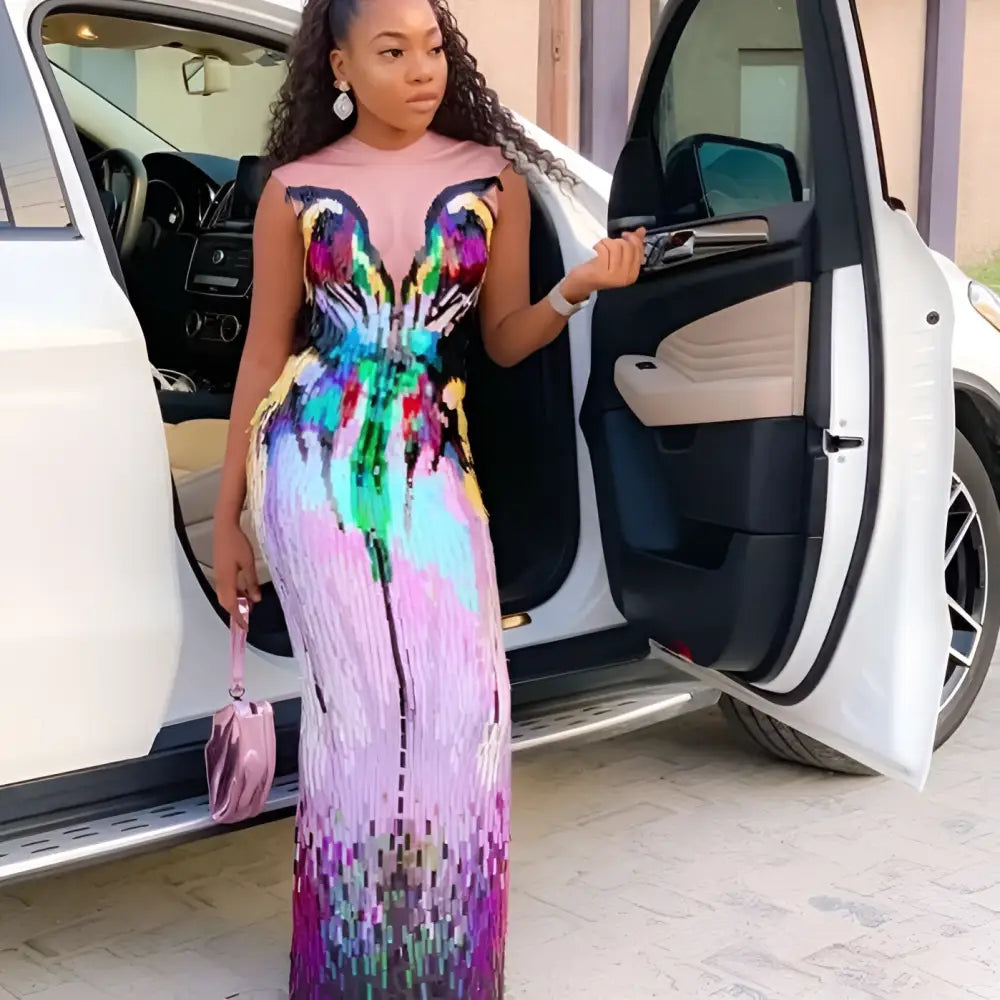 Rainbow Gradient Sequin Evening Dress Female Singer Costume Royalessencelux