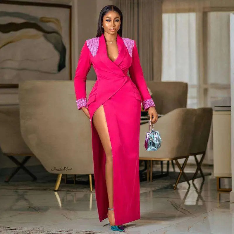 Rose Red Suit Collar Embellished Wrap Dress Royalessencelux