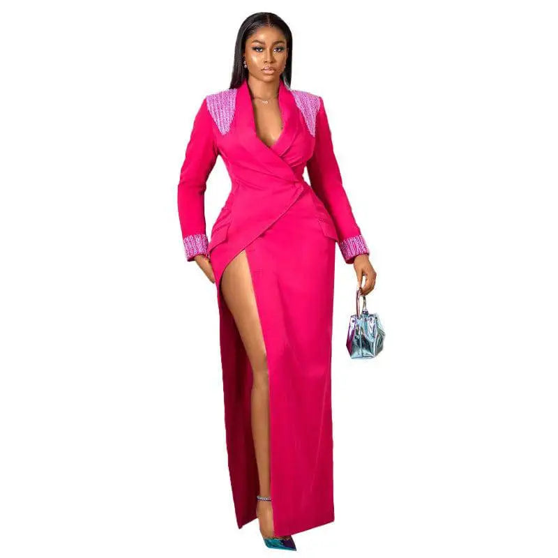 Rose Red Suit Collar Embellished Wrap Dress Royalessencelux
