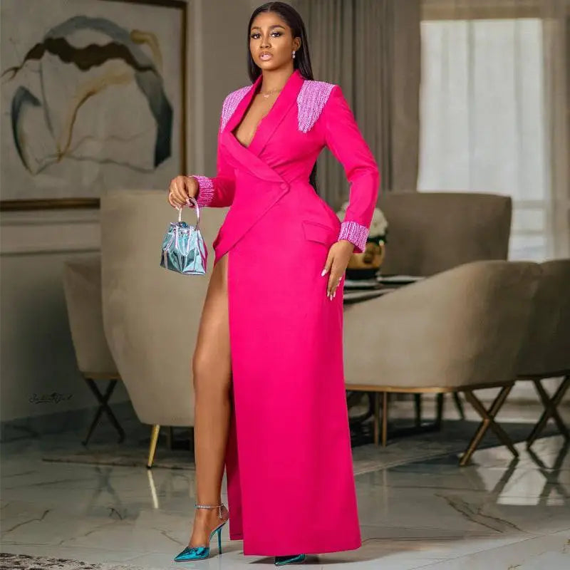 Rose Red Suit Collar Embellished Wrap Dress Royalessencelux