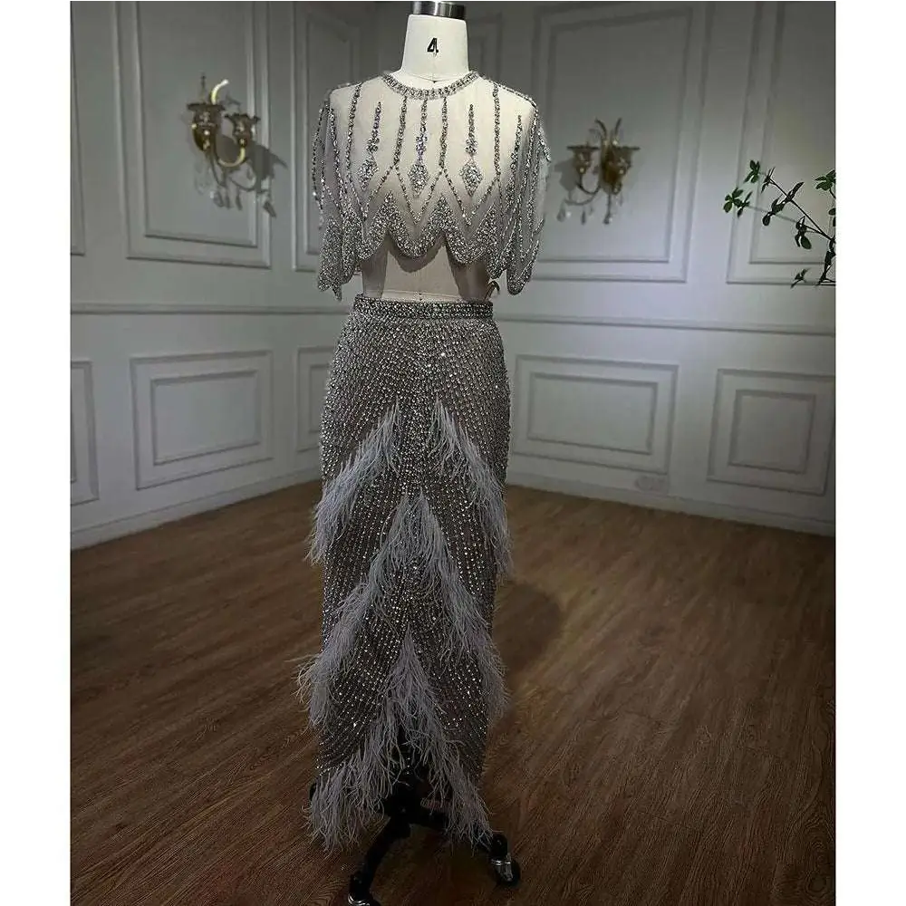 Silver Nude Feathered Evening Dress Royalessencelux