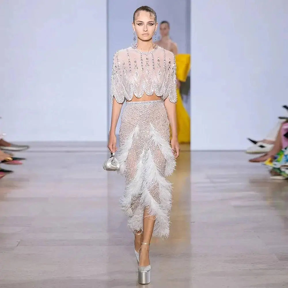 Silver Nude Feathered Evening Dress Royalessencelux