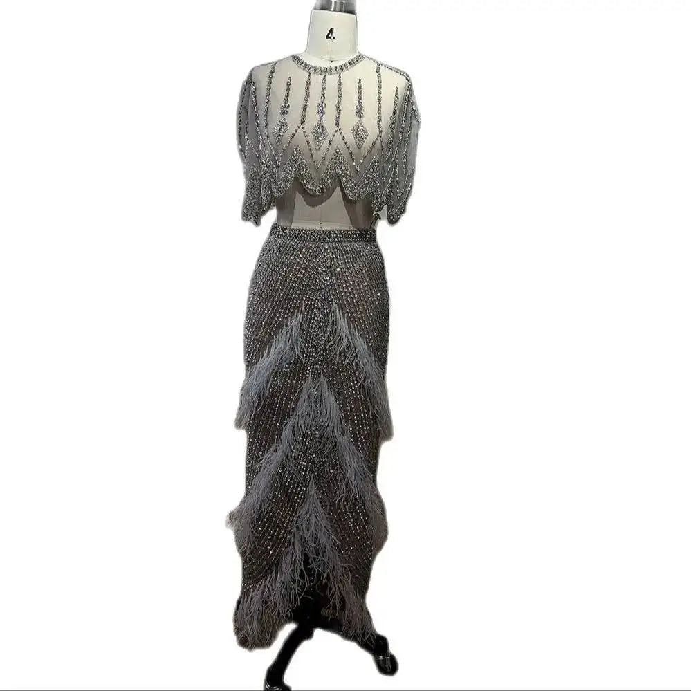Silver Nude Feathered Evening Dress Royalessencelux