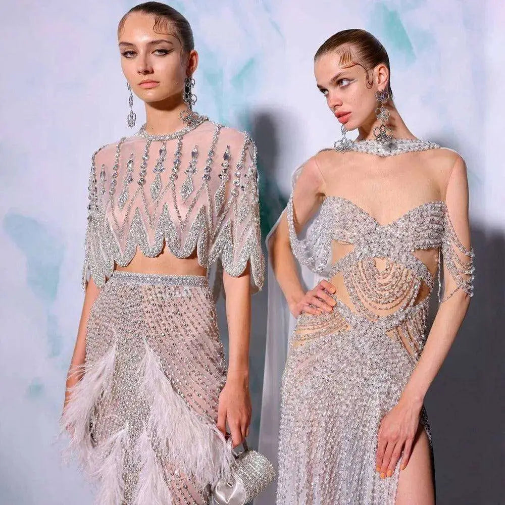Silver Nude Feathered Evening Dress Royalessencelux