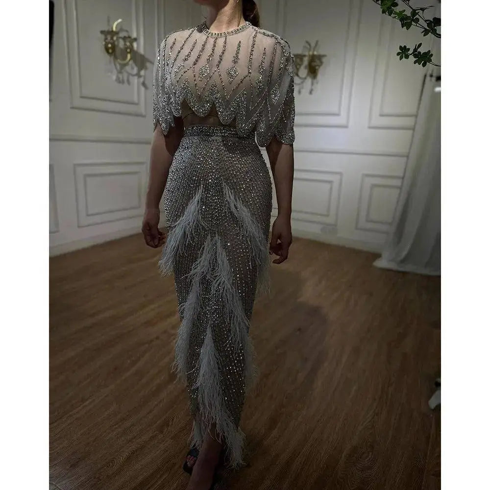 Silver Nude Feathered Evening Dress Royalessencelux