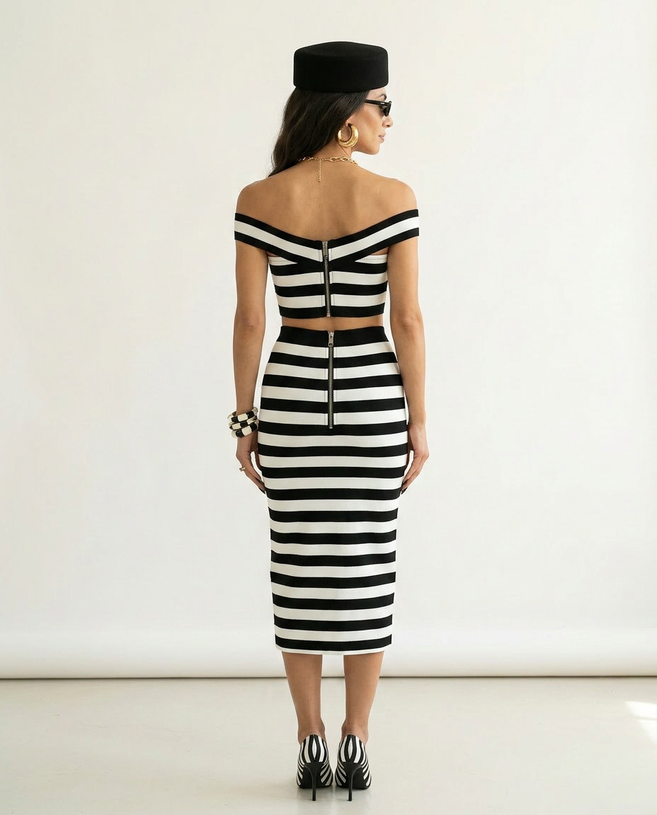 Confident Striped Button Two-Piece Set Boho Brown