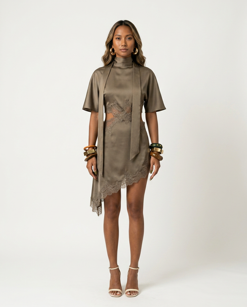 Audacious Scarf Collar Mini Dress Boho Brown
