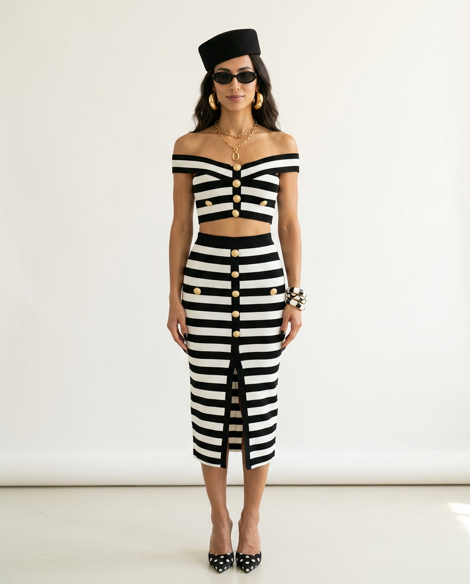 Confident Striped Button Two-Piece Set Boho Brown
